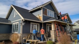 builders focused installing exterior siding carefully detailing trim house harmonizing architectural elements generated by ai