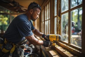 carpenter working house structure construction site structure wooden house together