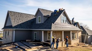 construction crew as they skillfully affix roofing shingles newly erected house deliberate placement precise technique ensure that roof generated by ai 1