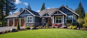 craftsman house with spacious garage vibrant lawn clear sky