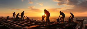 group people working top house roof placing tiles sunset backlight people