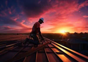 laborer working rooftop colorful sunset sky captured from wideangle perspective