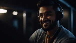 man wearing headphones sits dark room with dark background