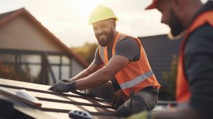 selective focus handsome handyman repairing roof with coworker 1