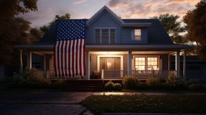 there is large american flag porch house generative ai