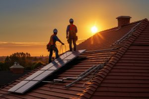 workers installing solar panels roof